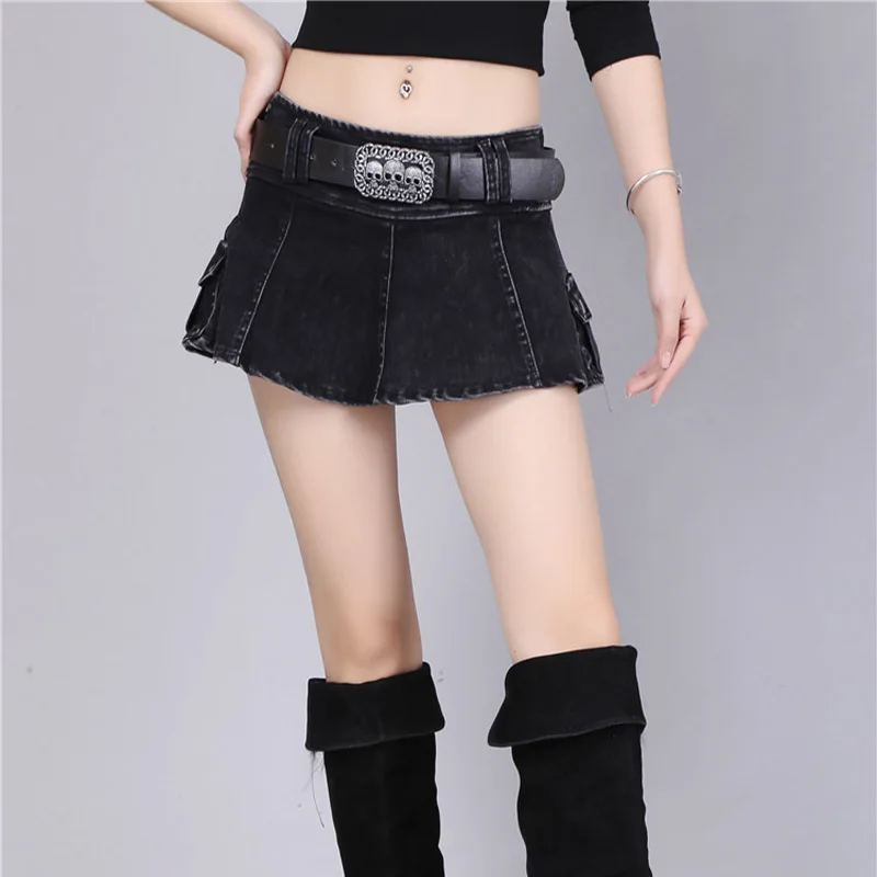 Ultrashort Vintage Denim Low Waist Skirt Women Sexy A Line Skull Belt Hot Skirts 2021 Y2K Stretchy Streetwear Mini Skirt Club