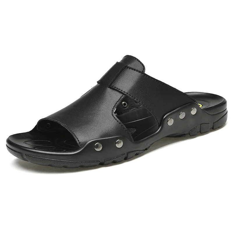 Chinelos de couro preto masculino, sandálias planas macias, sapatos casuais ao ar livre, slides para praia, plus size, 50, 51, 52, nova moda, verão,