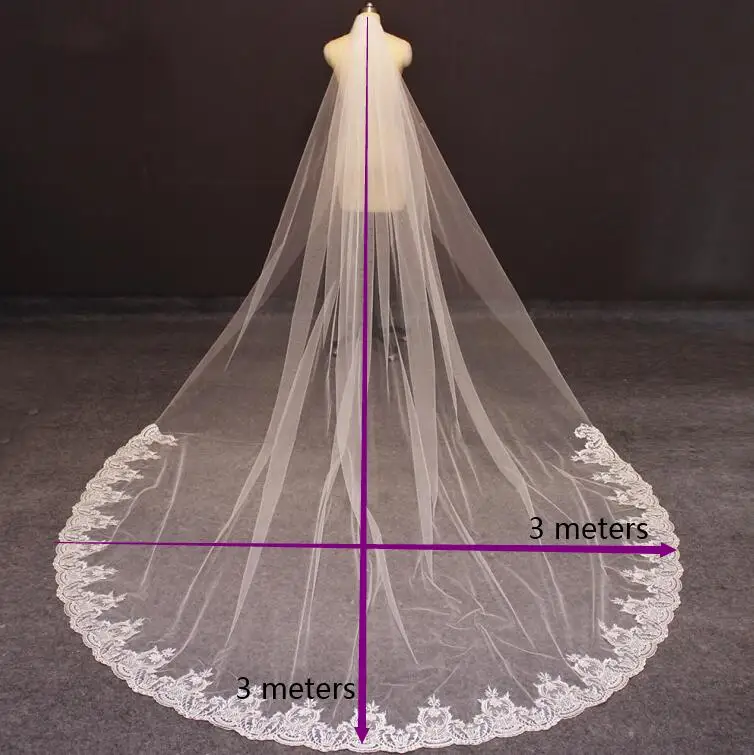 วิหาร Lace Wedding Veil 3เมตรยาวชั้นผ้าคลุมหน้าเจ้าสาวด้วยหวีสีขาว Ivory Veil สำหรับชุดแต่งงานงานแต่งงานอุปกรณ์เสริม