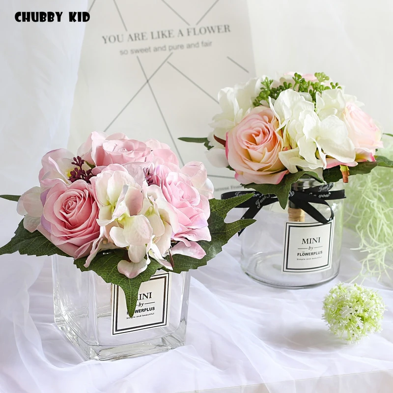 Artificial rose Hydrangea Floral fake flower arrangements silk flower with glass vase suit Artificial flower art Table flower