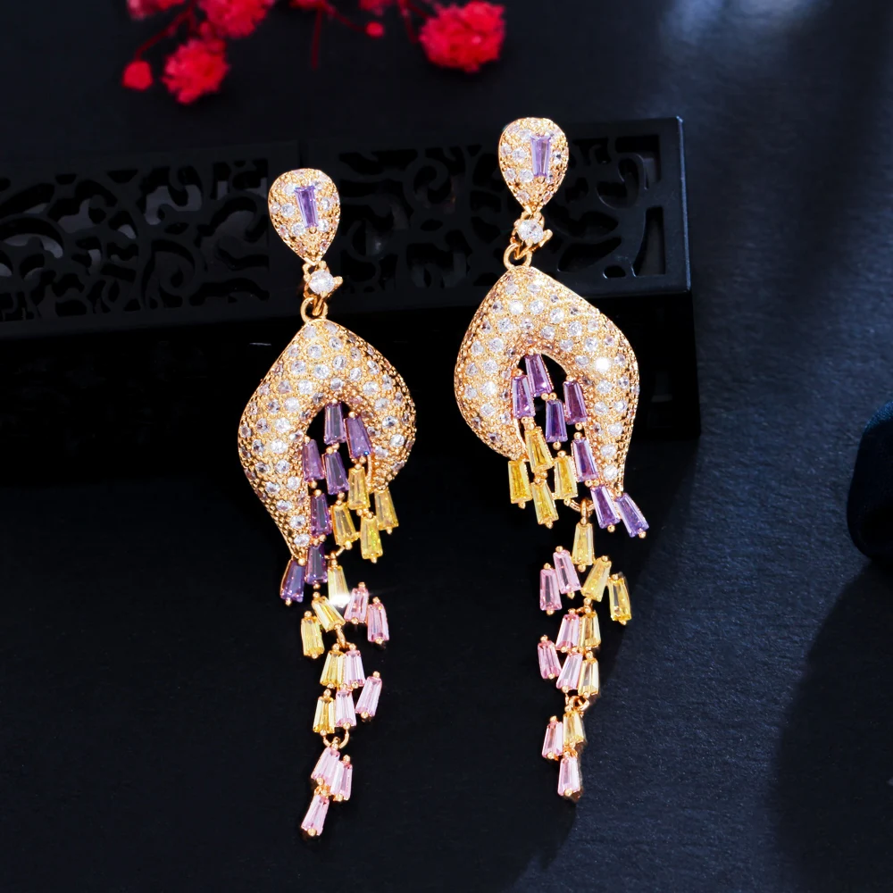 CWWZircons Glitering Yellow Gold Color African Cubic Zirconia Dangling Long Tassel Drop CZ Wedding Prom Earrings for Women CZ934