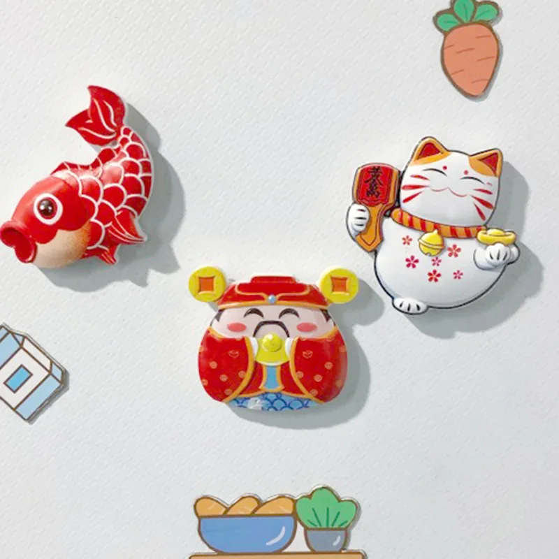 Creative Chinese Style New Year Wedded Fridge Magnet God of Wealth Koi Carp Fortune Cat Good Meaning Cute Magnets for Home Decor