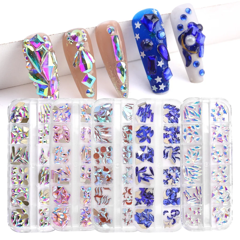 12กริด Nail Art Rhinestone ชุดคริสตัล Flatback แก้วคริสตัลใช้สำหรับตกแต่งเล็บ DIY Rhinestones