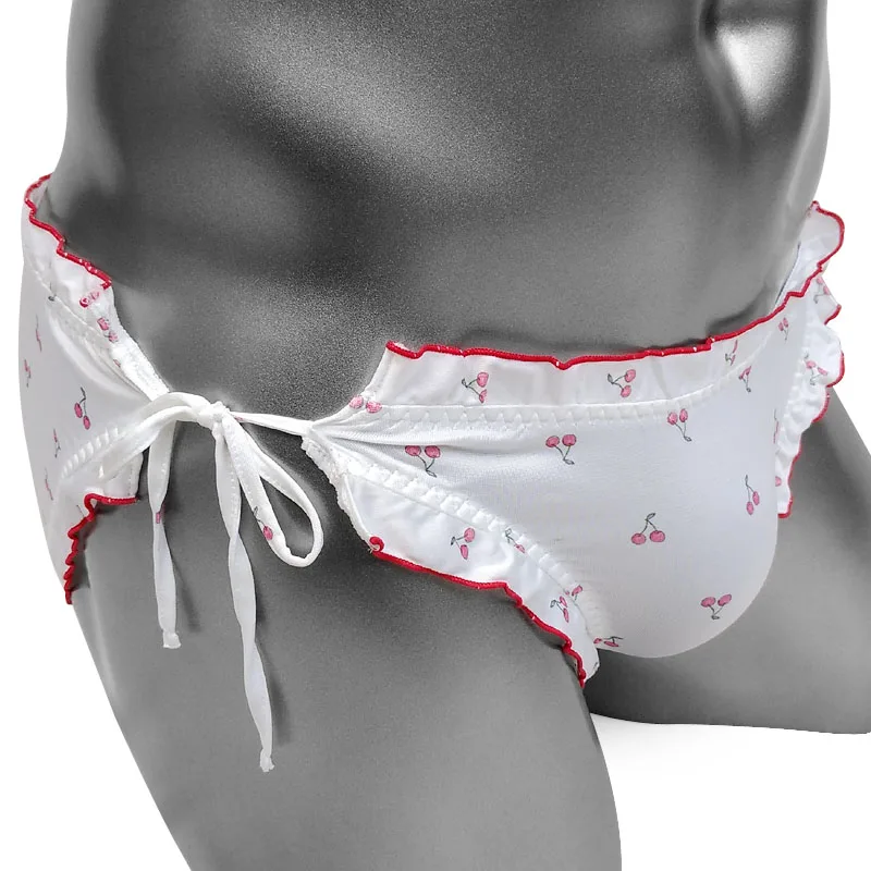 Lovely Cute Lolita Sissy Panties Kawaii Princess Side Tie Cherry Ruffle Mens Underwear Brief Sexy Gay Lingeries Male Underpants