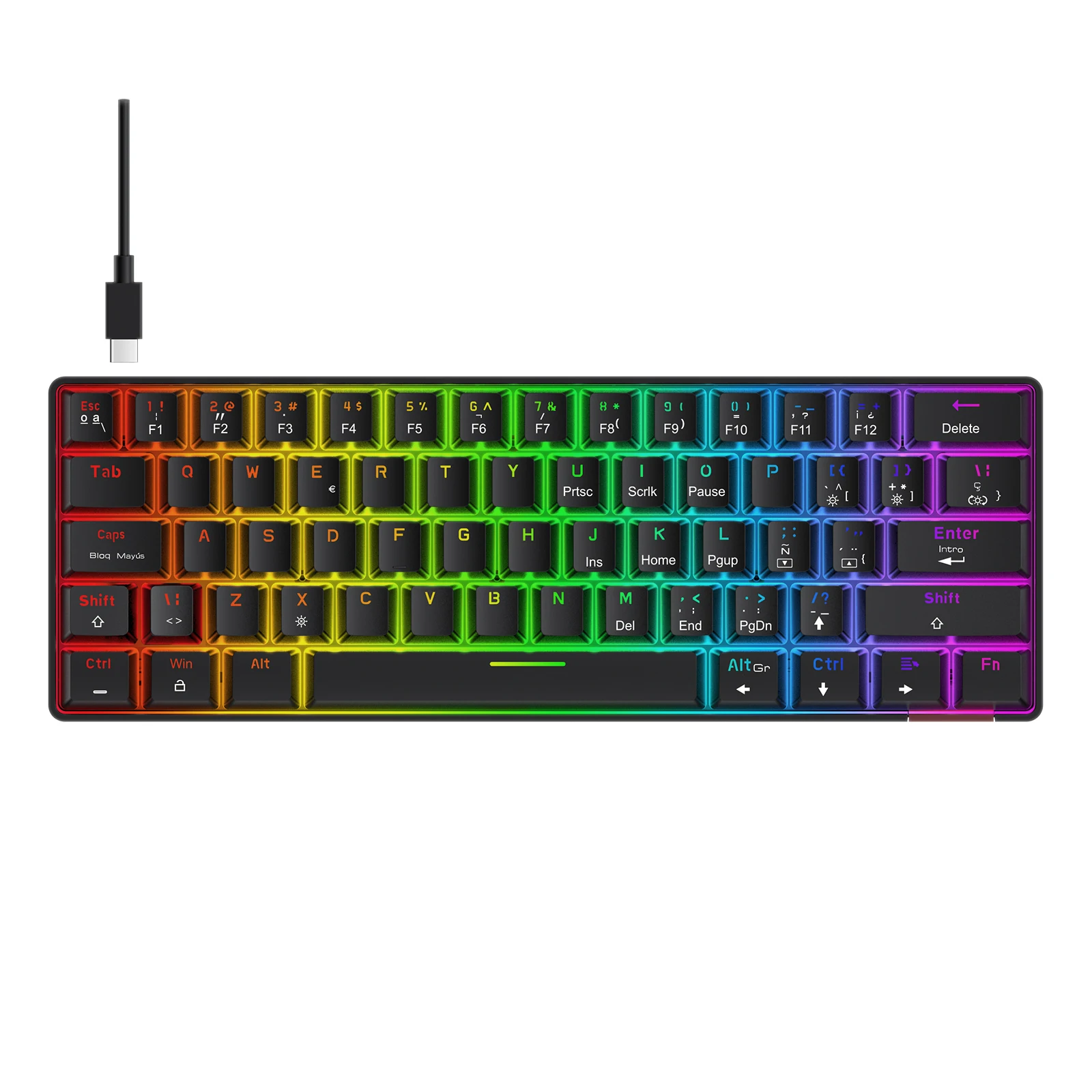 Havit Mini Mechanical Keyboard Gaming Wired Type-C USB 63 Keys  Led Backlit Keyboard Red Switch ES Version for PC Laptop Gamer