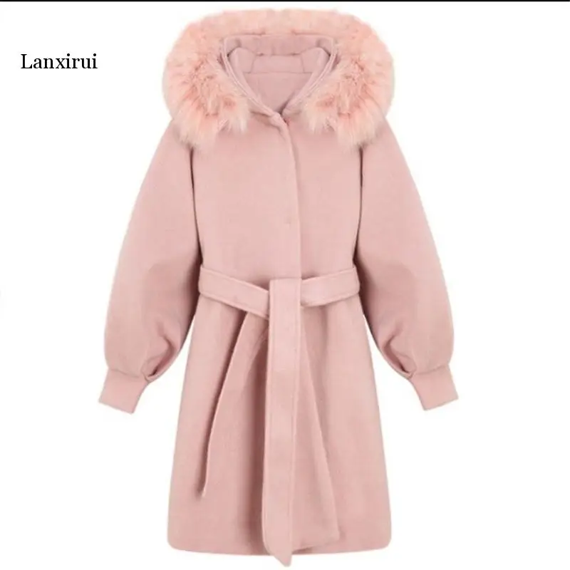 

Female long cotton solid coat A-line V-neck pockets sashes full sleeve autumn and winter office lady