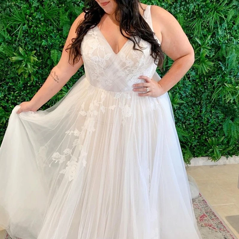 LSYX Plus Size abito da sposa Tank a-line lunghezza del pavimento pizzo Organza Tulle grande abito da sposa elegante civile Vintage senza maniche