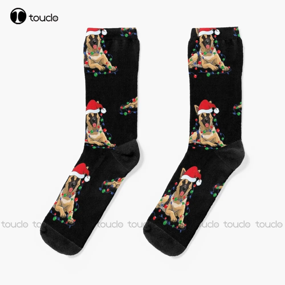 

Christmas Lights German Shepherd Dog With Santa Socks Red White And Blue Socks Personalized Custom Unisex Adult Teen Youth Socks