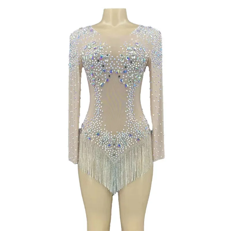 

Leotard Celebrate Outfit Rhinestones Sparkly Stones See Through Chain Bodysuit Stretch Singer stage show Mesh Transparent Outfit