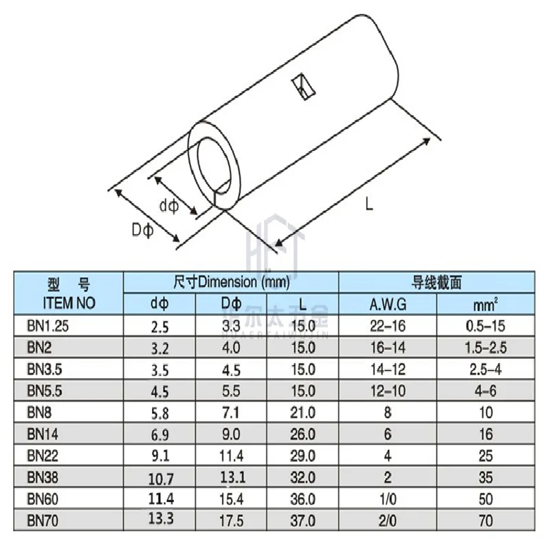 BN BOX Butt Wire Connector AWG 22-10 Copper Tinned Splice Crimp Terminal Sleeve Bare Terminals Crimping BN1.25 BN2 BN5.5