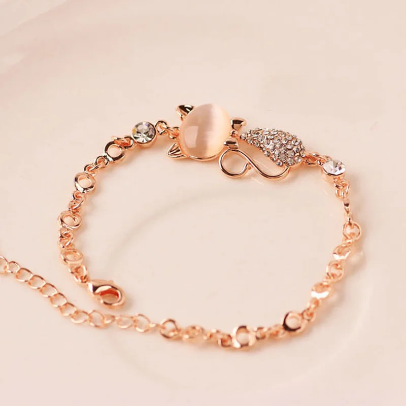 2021 Trend Rose Gold Alloy Cute Cat Bracelet Female Lady Child Girl Gift Jewelry Charm Opal Rhinestone Bracelet Cat Bracelet New