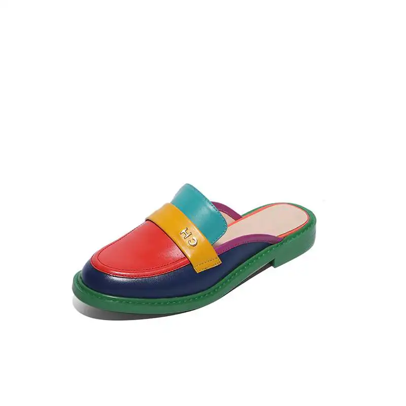 Lenkisen Large Size Cow Leather Round Toe Low Heel Fashion Rainbow Mules Slip on Slingback Summer Brand Women Outside Slippers