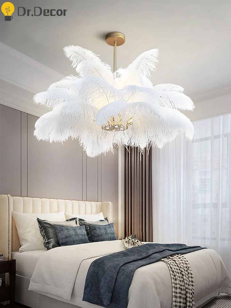 Nordic LED Pendant Lights White Natural Ostrich Feather LOFT Pendant Lamp Bedroom Living Room Restaurant Lighting Hanging Lamps