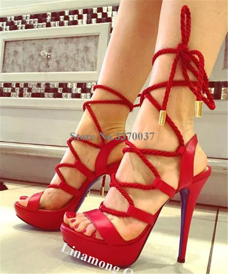 Linamine sandal Gladiator hak Stiletto, sandal selempang jari terbuka, sandal Gladiator renda merah untuk klub musim panas