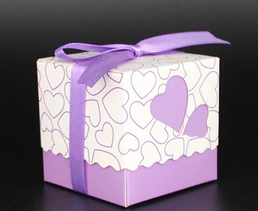 Free Shipping 100pcs high quality Purple heart candy box wedding favors boxes,paper box,favour gift (With ribbon)