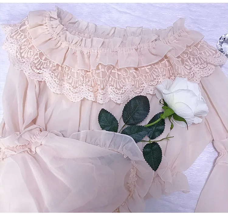 Fresh mori sweet lolita top kawaii girl peter pan collar white/black lace victorian shirt loose chiffon lolita shirt loli cos