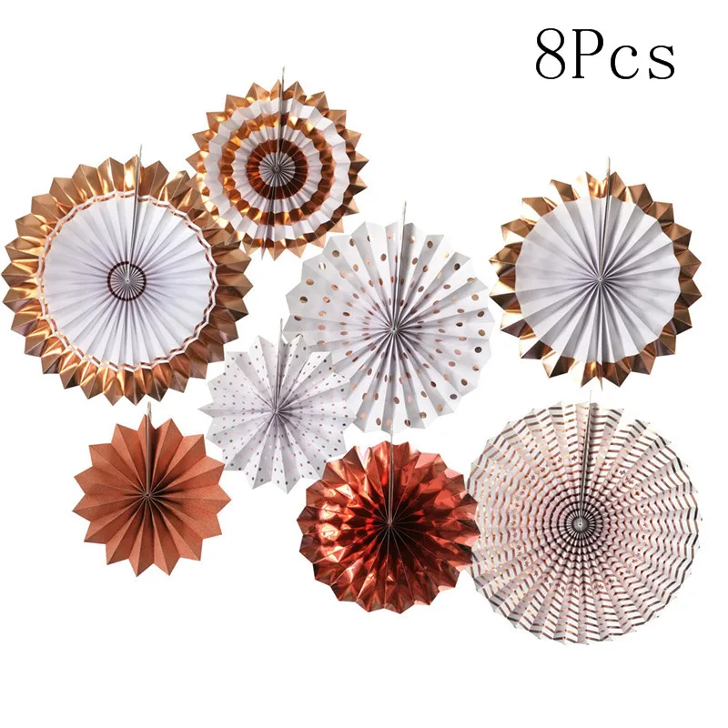 Chicinlife 8pcs rose gold Paper Fans Flowers Birthday Party Home DIY Hanging Decoration Wedding Bridal Shower Decoration