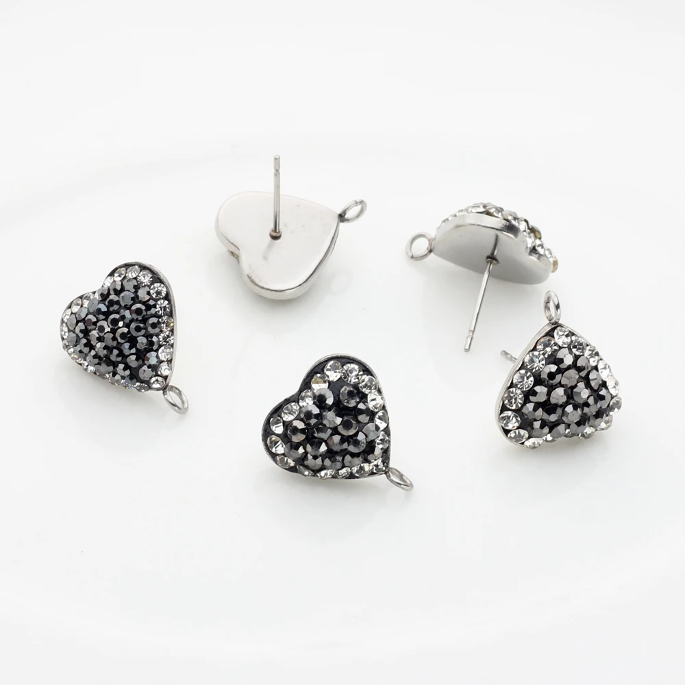 Stainless Steel Black Soft Ceramic Heart-shaped Inlaid Crystal Earrings Connector Charms 6pcs/lot For DIY Earrings Making Craft