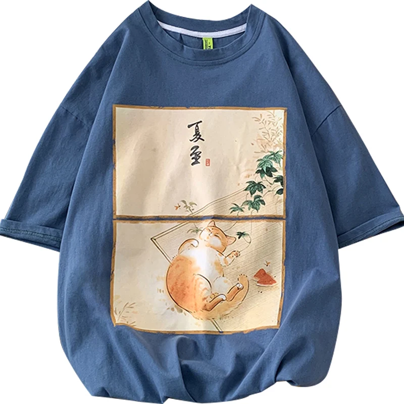 Summer Casual Department Of Literature Women T Shirt Print Watermelon Lovely Little Lazy Cat Tees Royal Blue O-Neck Cotton Tops