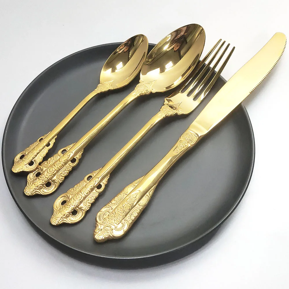 

16Pcs/Set Gold Cutlery Set 304 Stainless Steel Dinnerware Set Flatware Knife Fork Spoon Dinner Set Mirror Silver Tableware Set