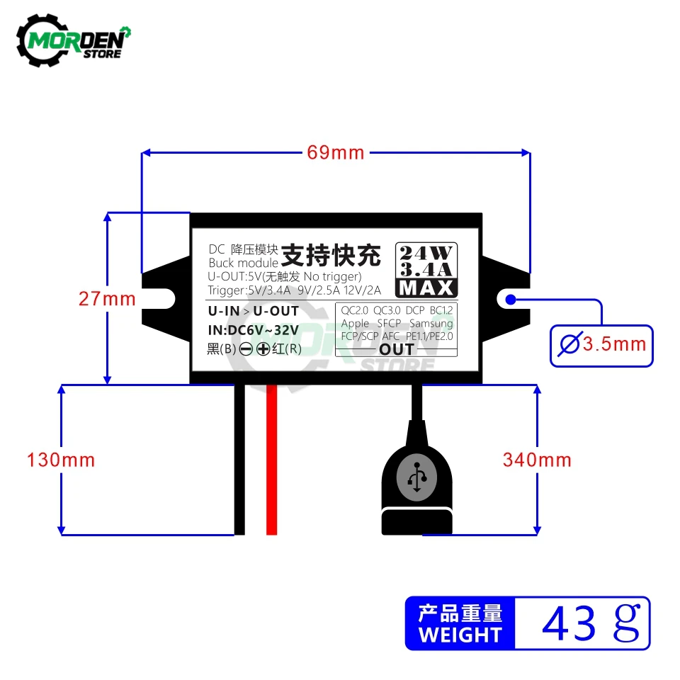 Waterproof DC/DC Converter DC 6-32V to 5V 9V 12V 24W Fast Charging Power Supply Module Support QC2.0/3.0 Protocol for Car