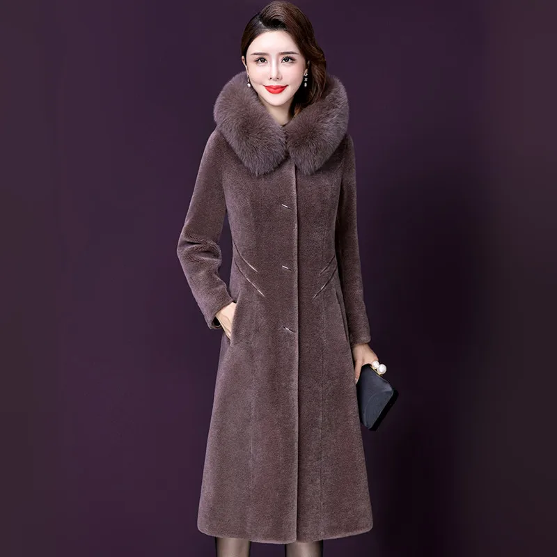 

Women Sheep Shearing Long Coat Winter 2024 Fashion Elegant Thicken Quilted Outerwear Hooded Fur Collar Wool Blends Tops Female