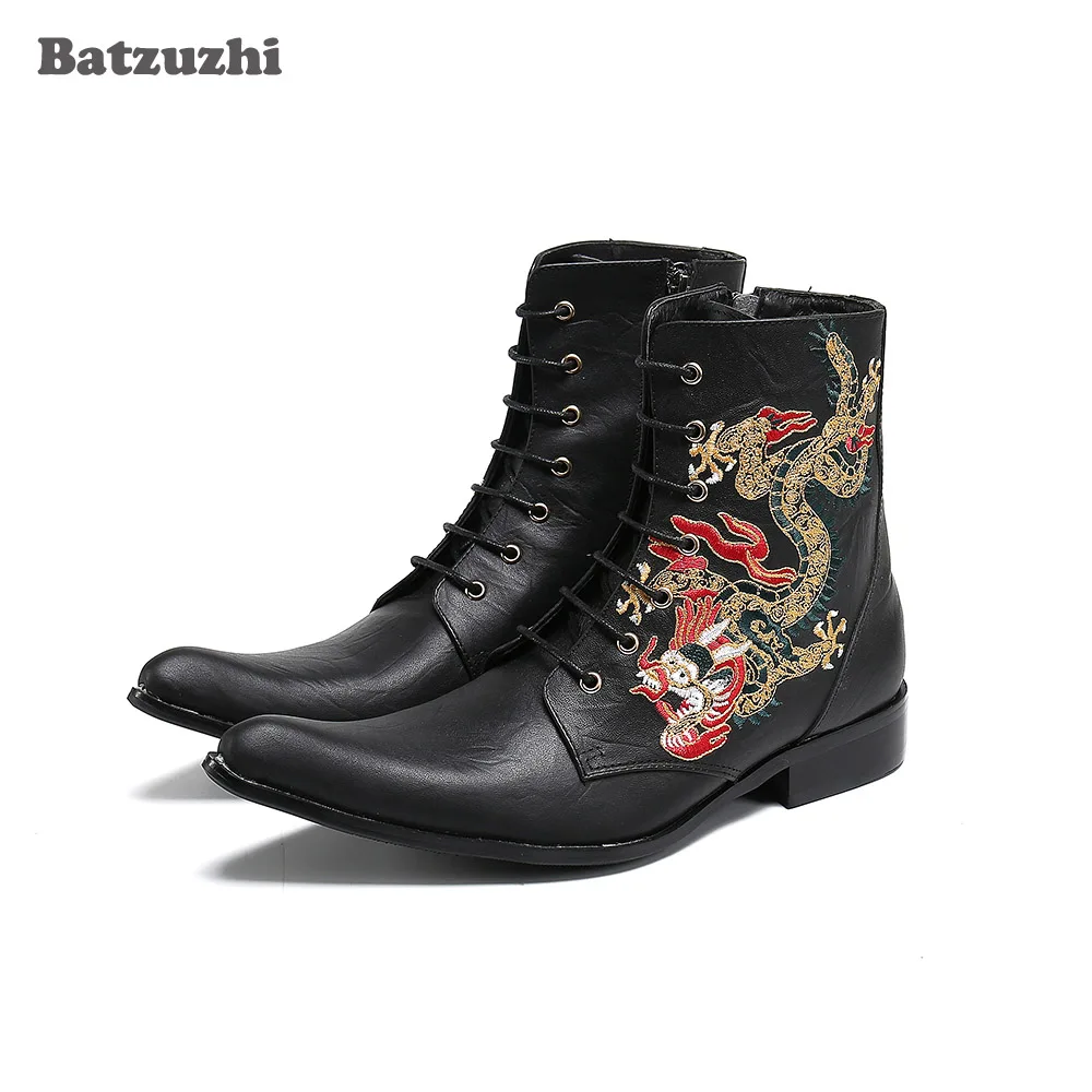 

Batzuzhi Luxury Handmade Men's Boots Shoes Pointed Toe Embroidery Black Leather Ankle Boots Men Motorcycle/Biking Botas Hombre