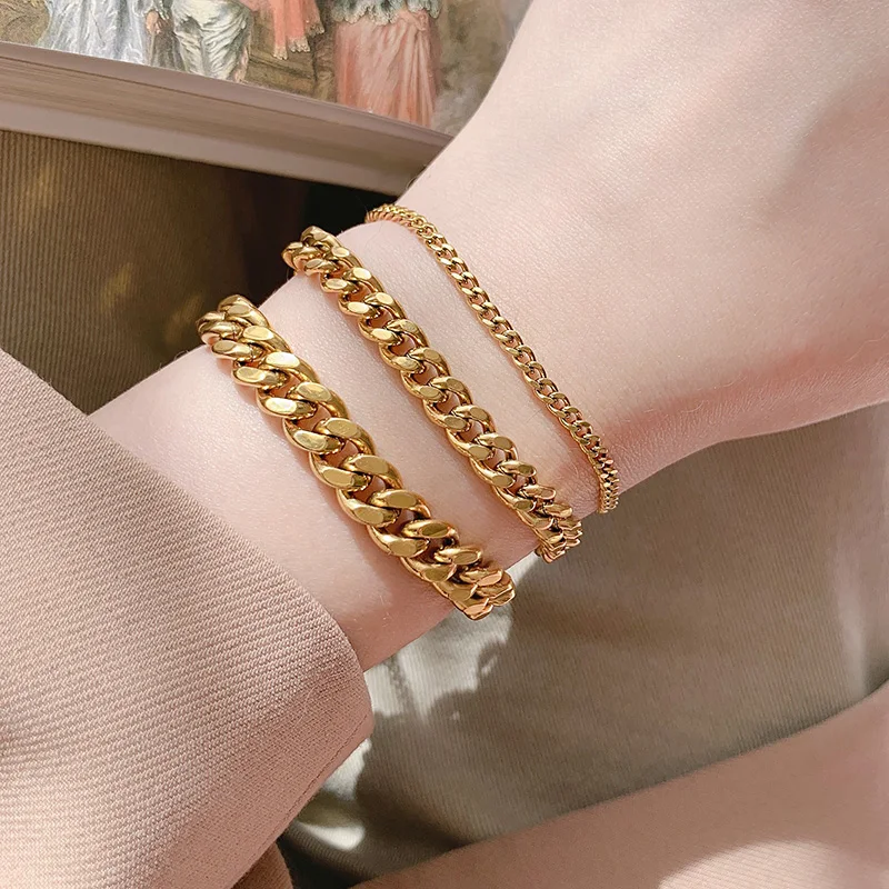 

2020 Trend Couple Jewelry Fine Stainless Steel Men's Chain Cuban 18k Gold Plated Bracelets for Women Vintage Bracelet On the Leg