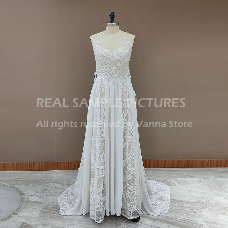 Abito da sposa in Chiffon con spalline lunghe treno grandi dimensioni abiti da sposa in pizzo incrociato Boho su misura