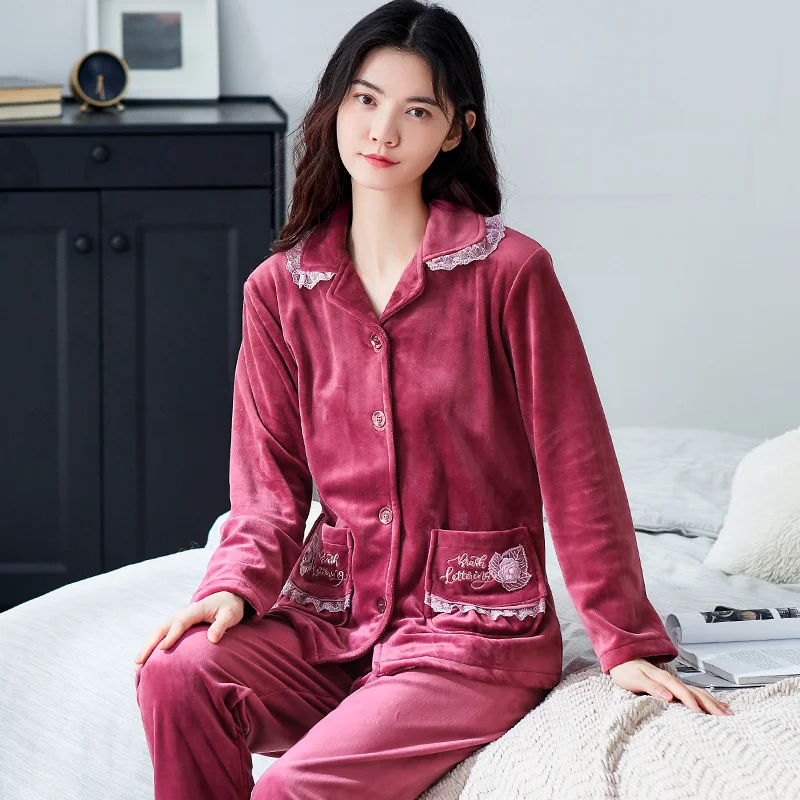 Winter Thick Warm Women Pajamas Flannel Sleepwear Suit Long Sleeve Turn-down Collar Cardigan Loose Soft Female Pyjamas