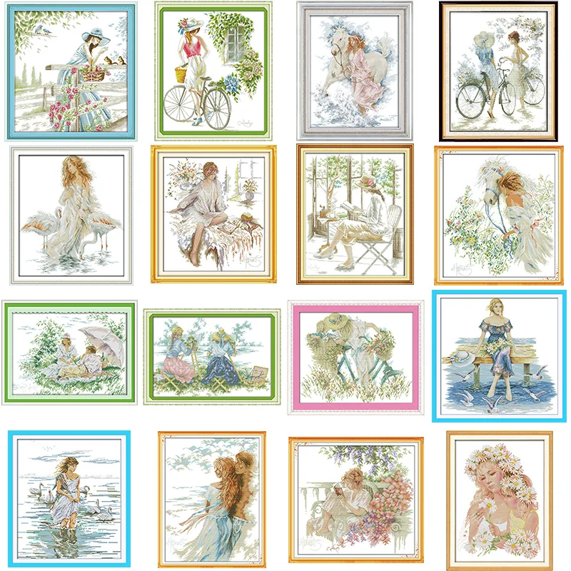 Pretty Girl Series Cross Stitch Kit DIY Character Pattern 14ct 11ct Count Print Canvas Needlework Embroidery Set Home Decoration