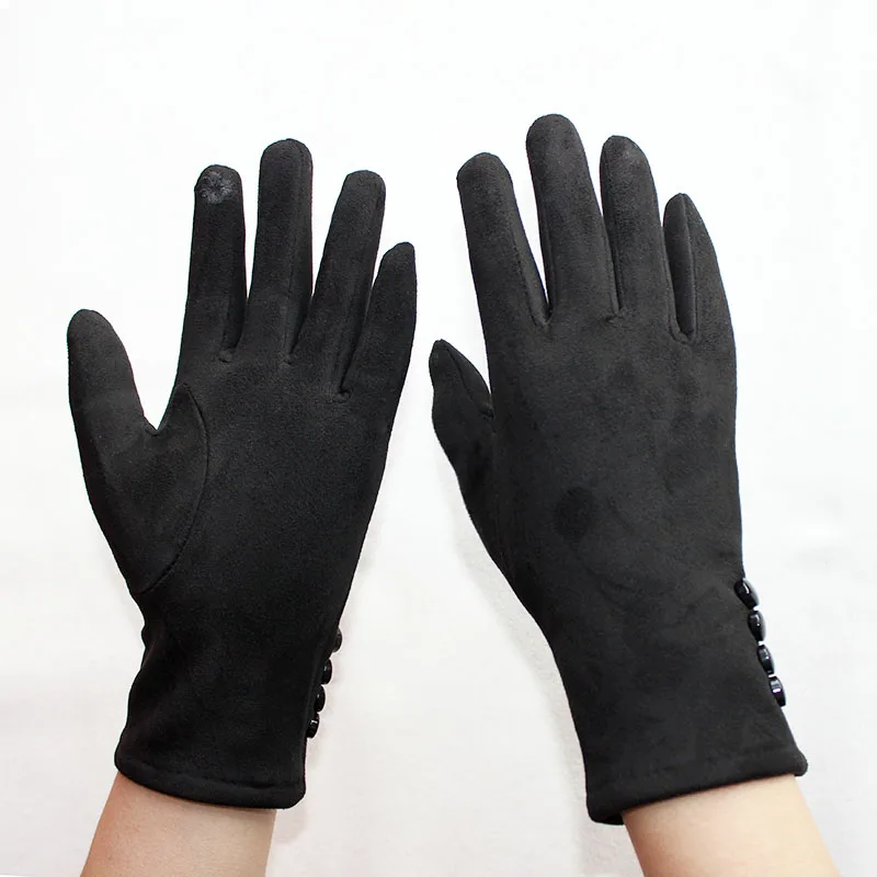 Guantes de punto de gamuza para mujer, manoplas elásticas finas para pantalla táctil, hechas a mano, color negro, primavera y otoño