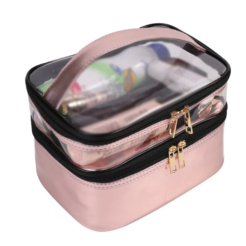 Double Layer Clear Makeup Bag Waterproof  Large Cosmetic Organizer Case  Transparent Toiletry Train Make up Bags