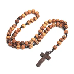 Wooden Bead Catholic Rosary Christ Jesus Crucifix Cross Pendant Necklace Men Women Religious Prayer Jewelry