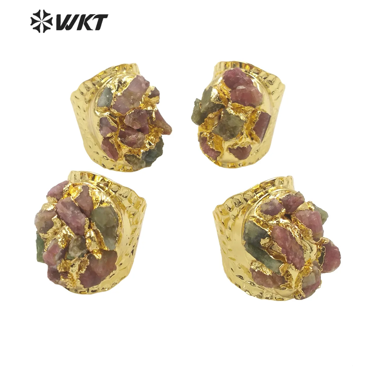 

WT-R370 Amazing Bohemian Vintage Natural Tourmaling raw stone Ring Women gold electroplated healing Lucky Birthday Jewelry Ring