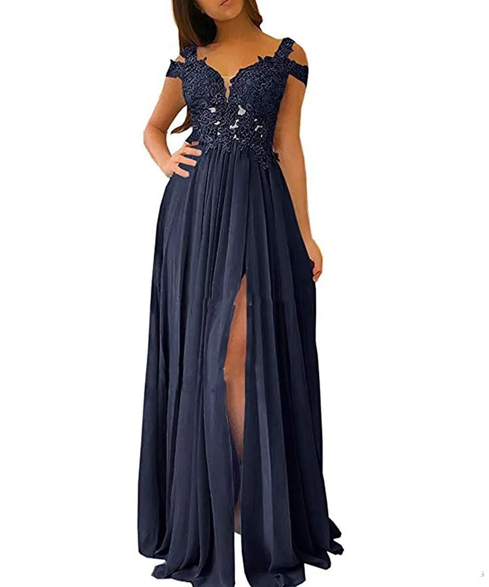 Lace Prom Dresses Off Shoulder Open Back High Side Split Chiffon Sweep Train Formal Evening Gown Elegant Special Occasion dress