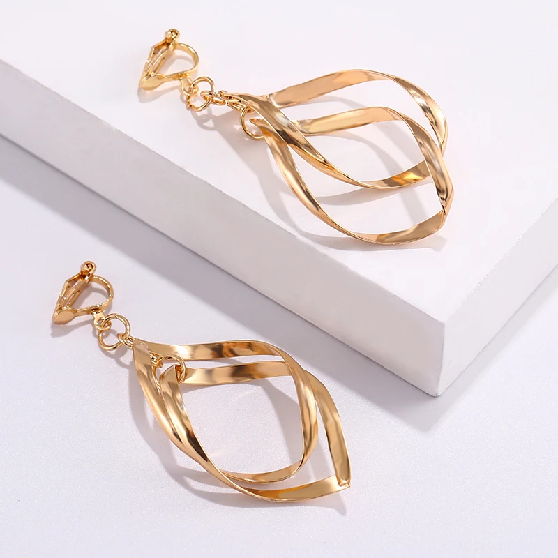 Women's Gold Plated Geometric Big Round Clip Earrings