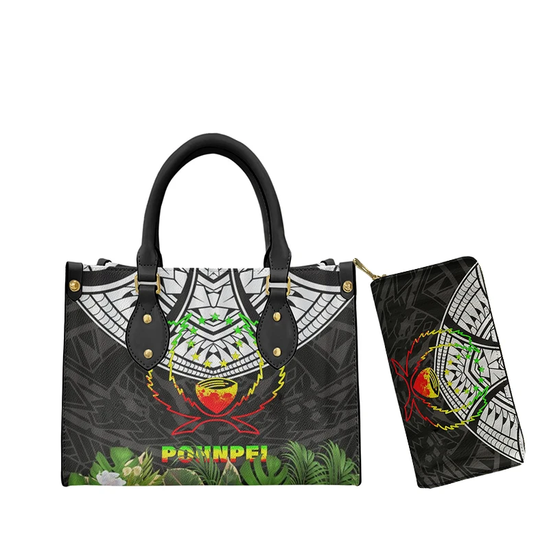 Handbags Set Polynesia Pohnpei with Hawaiian Hibiscus Print Top-Handle Bag and Wallet for Female Ladies Leather Tote Bag Purse