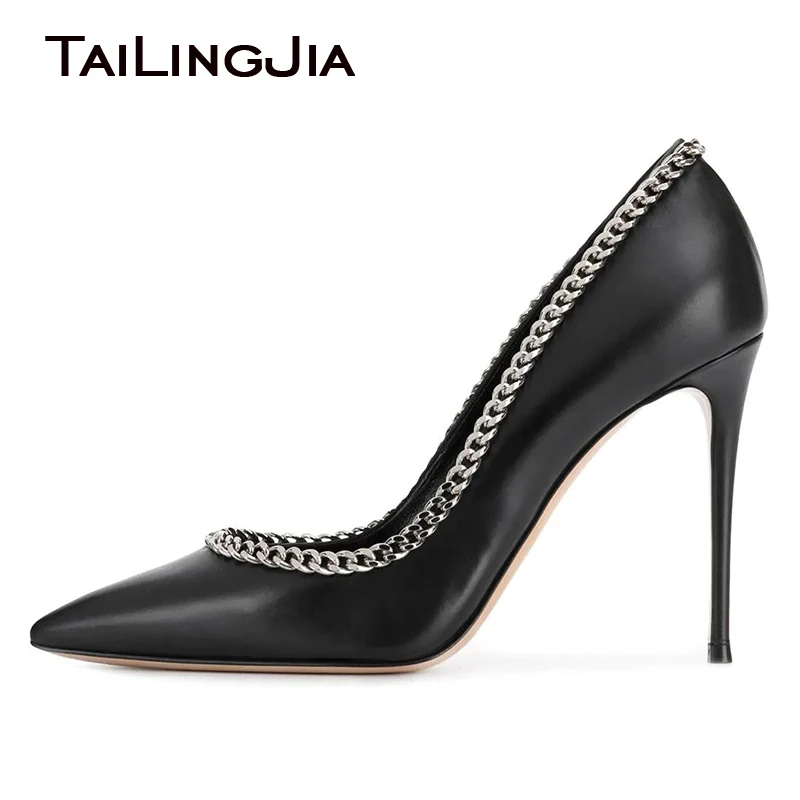 

Black Pointed toe Classic High Heels Pumps Office Footwear for Women Metal Chain Elegant Ladies Stylish Large Size Heels Shoes