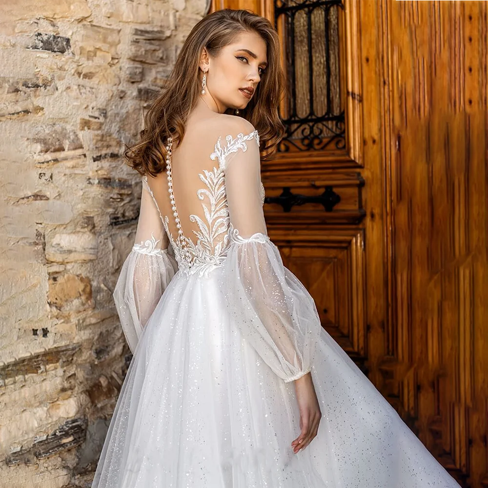 Robe de mariée en Tulle à manches longues, luxueuse robe de princesse sur mesure avec haut en dentelle