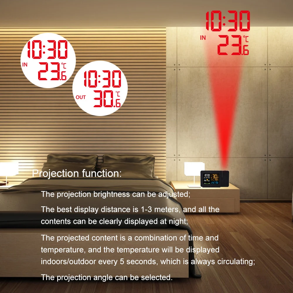 Imagem -03 - Fanju-relógio Digital com Projeção de Tempo Led Temperatura e Umidade Estação Meteorológica Snooze Table Clock