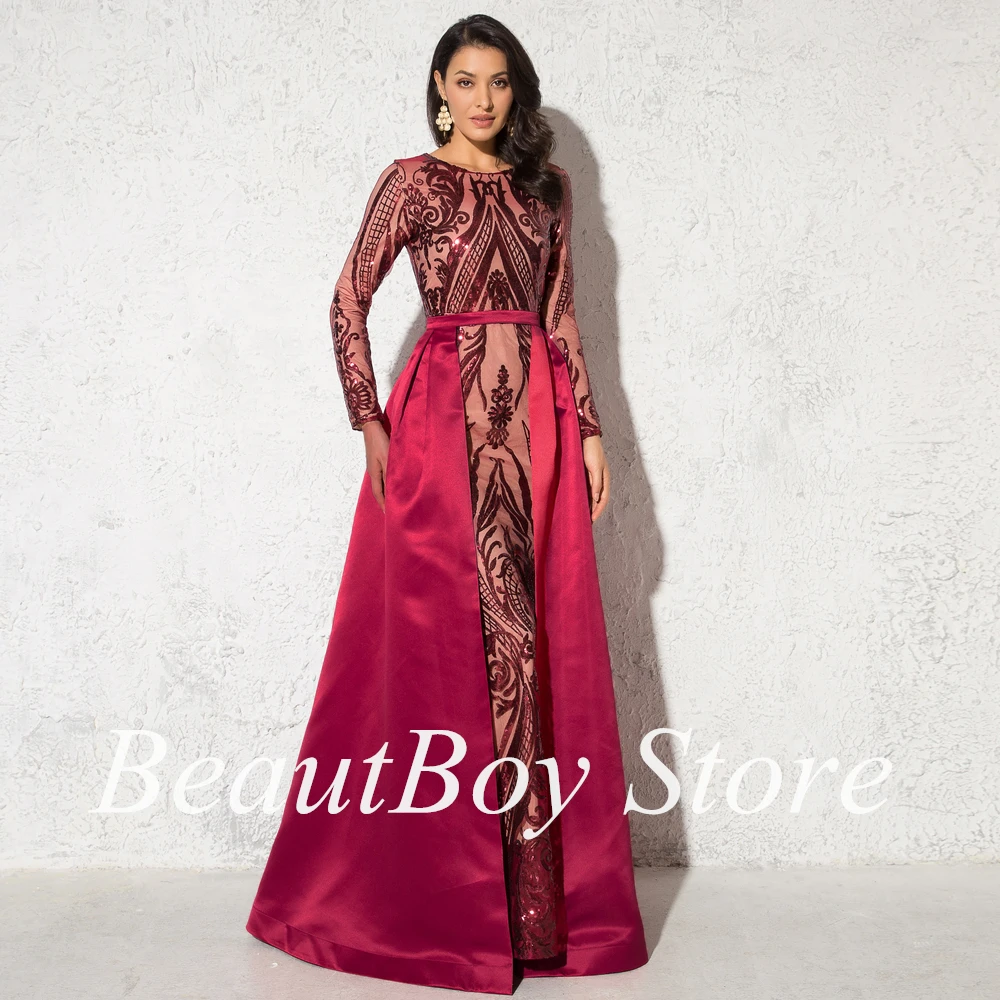 Full Sleeved Evening Dress O Neck Stretchy Floor Length Ball Party Gown with Detachable Train robe de soirée femme vestidos 2022