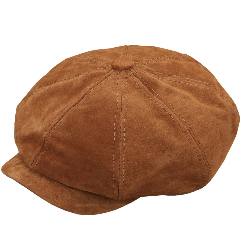 

X160 Sheep Leather Hat British Warm Fashion Newsboy Hat Men's and Women's Versatile Genuine Leather Beret Caps Wholesale