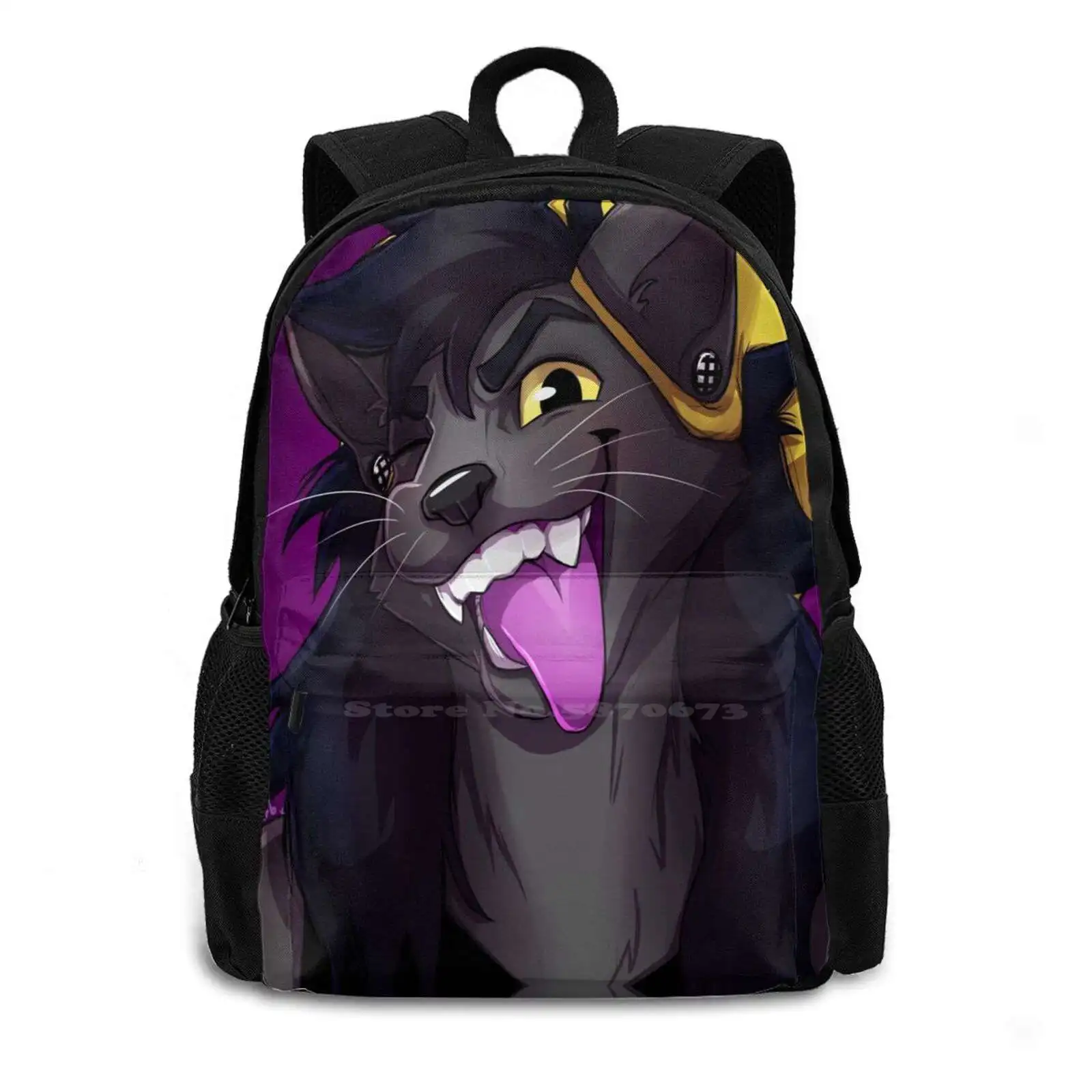 School Bags Travel Laptop Backpack Furry Fursona Cat Beanie Grey Gray Earrings Tongue Hair