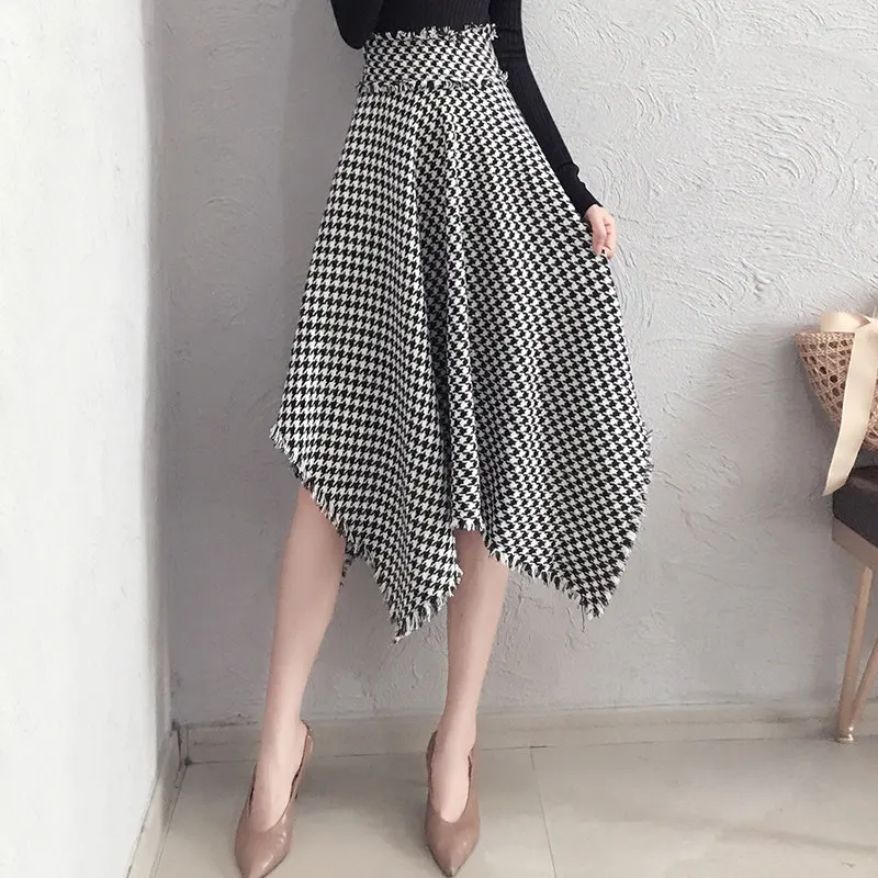 

Spring Women Retro High Waist Irregular Hem Wool Houndtooth Skirt For Winter And Autumn