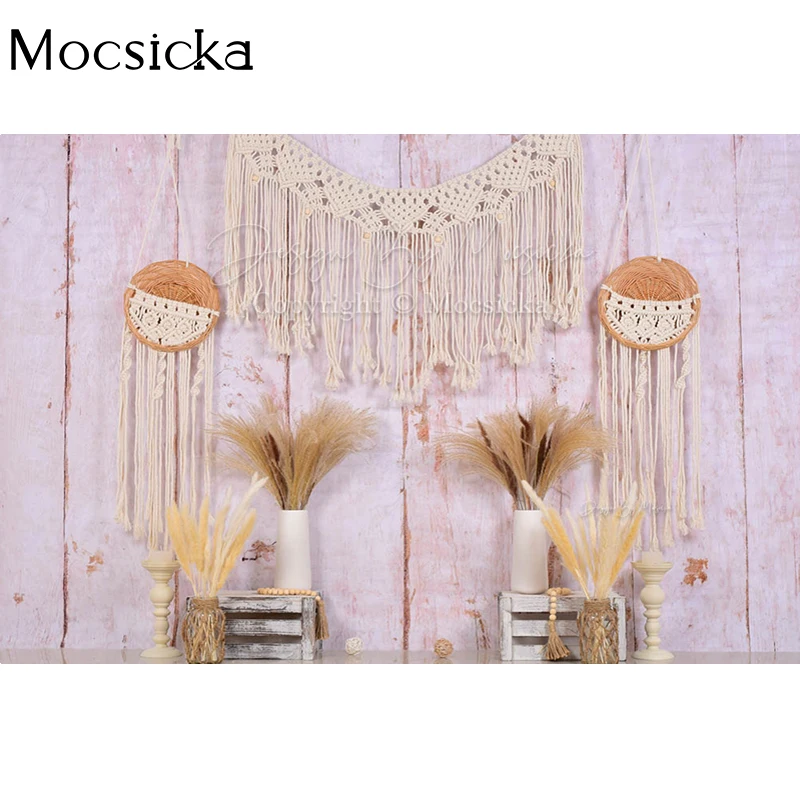 Mocsicka Boho Style Photography Background Reed White Brick Wall Decoration Props Child Birthday Portrait Photo Backdrop Banner
