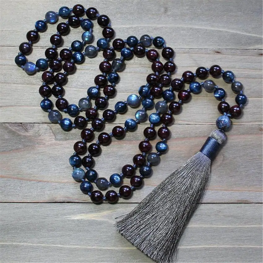 

8mm Blue Kyanite 108 Beads Gemstone Tassel Mala Necklace bless Chakra Buddhist Blessing Healing Wrist Religious Lucky Yoga Men