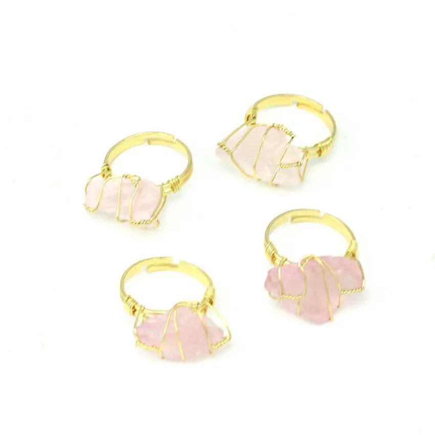 Irregular Genuine Stone Ring for Women Full Wire Wrapped Rose Quartz Fluorite Gold-color Resizable Reiki Healing Crystal Jewelry