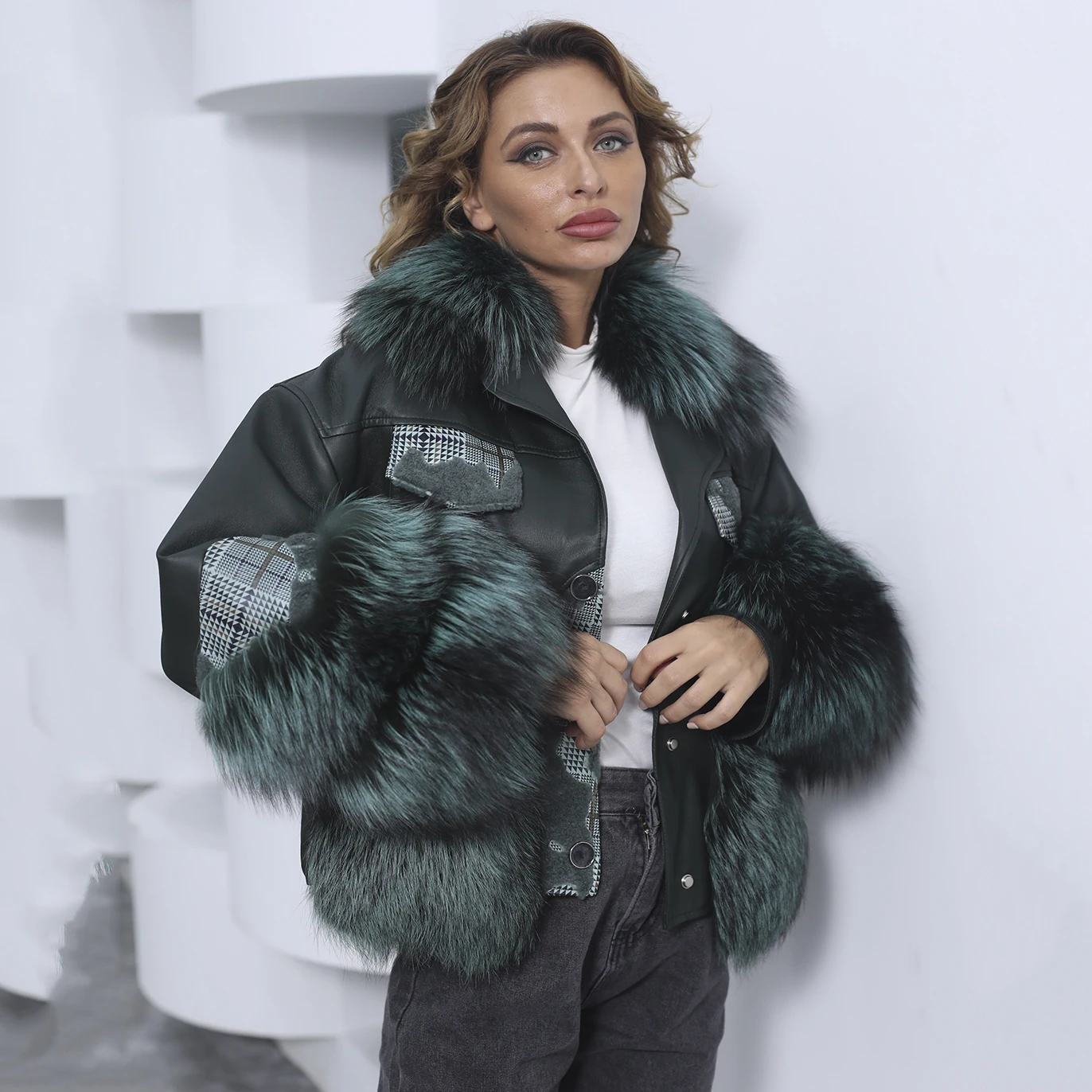 MISSJANEFUR 2021 New Winter Coat Women Genuine Leather Jacket With Fur Collar Warm Luxury Black Silver Fox Fur Coat Plus Size