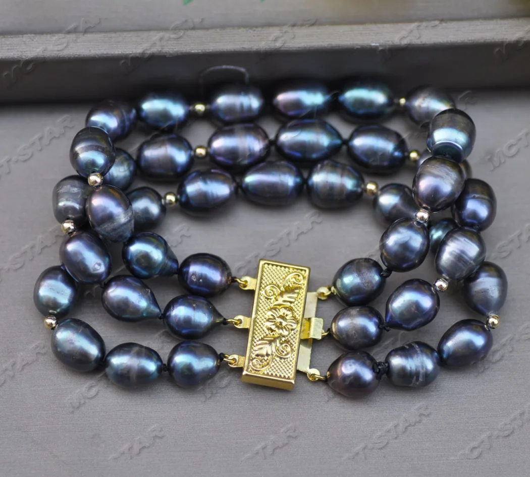 

MCT·STAR Z11727 3Row 8" 12mm Peacock-Black Rice Freshwater Pearl Bracelet